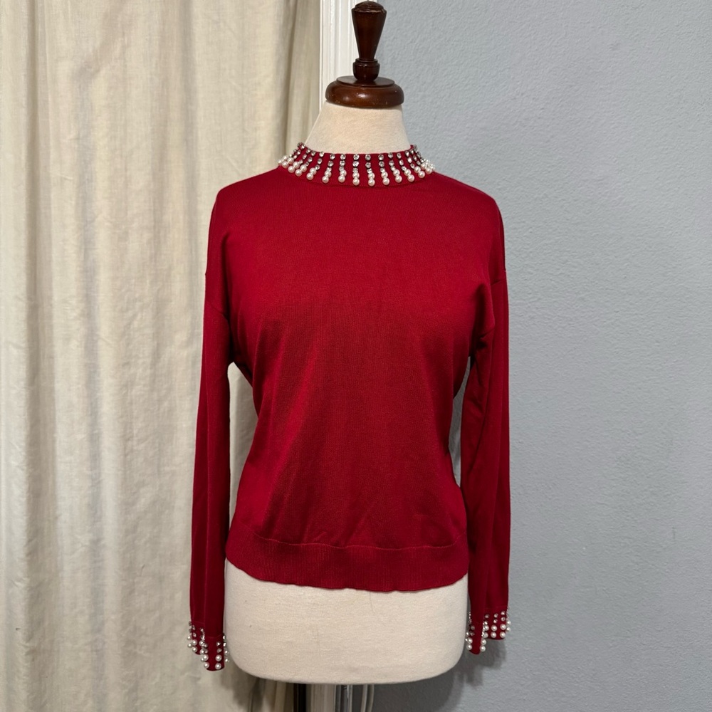 Adrianna Papell Women Long Sleeve High Neck Dejeweled Stretchy Top‎ M Christmas